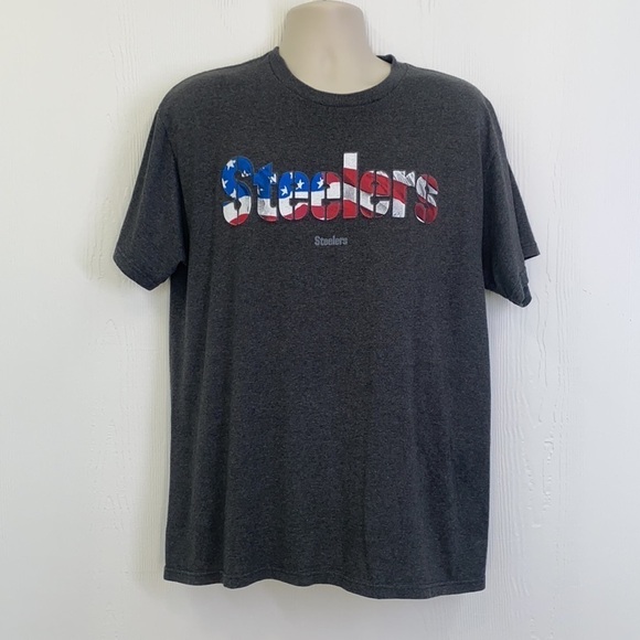 NFL Team Apparel - Steelers American Flag Lettering Gray Shirt Size Large - Picture 2 of 9